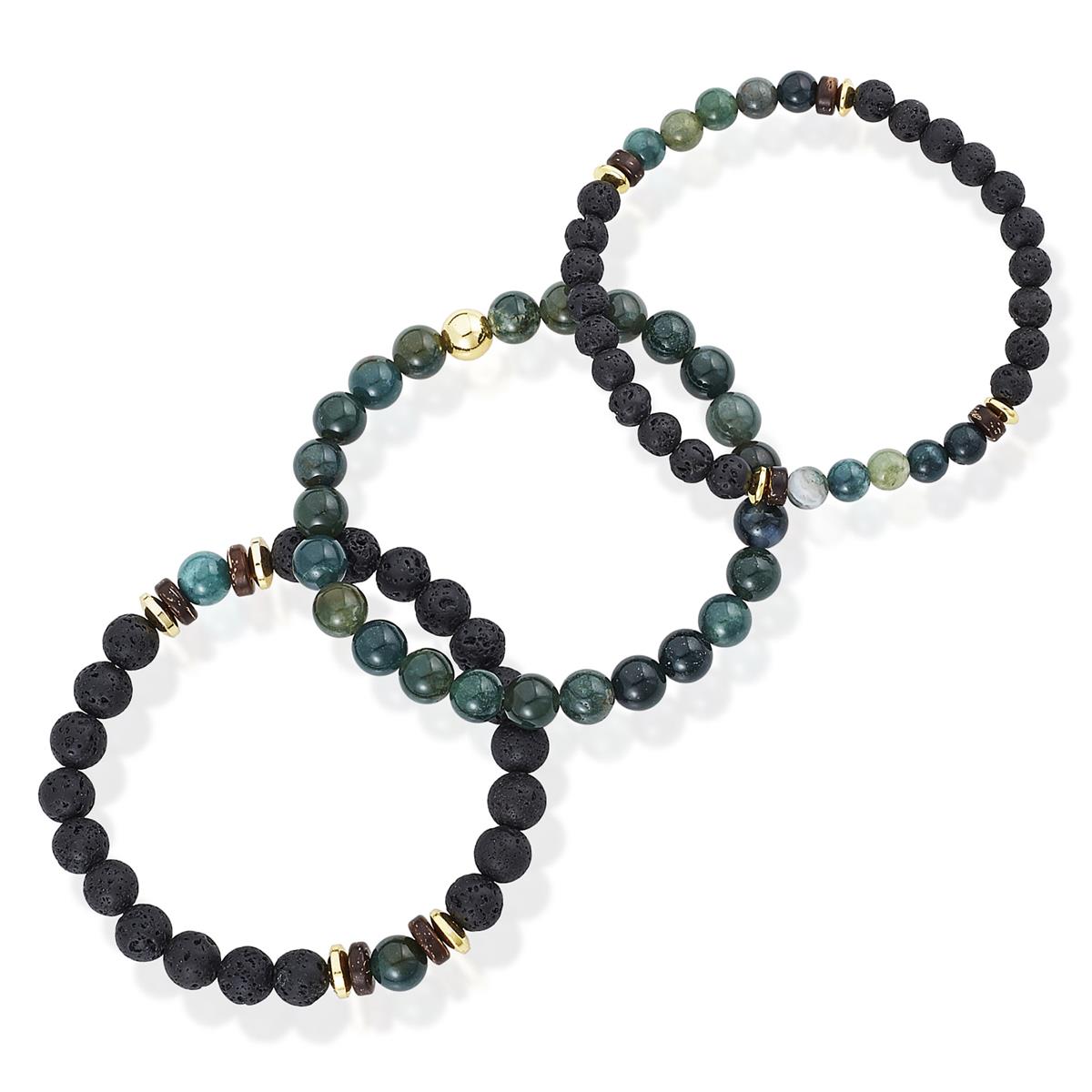 Set of 3 Bracelets - Moss Agate , Lava, Wood and Gold Hematite Bead Stretch Bracelets