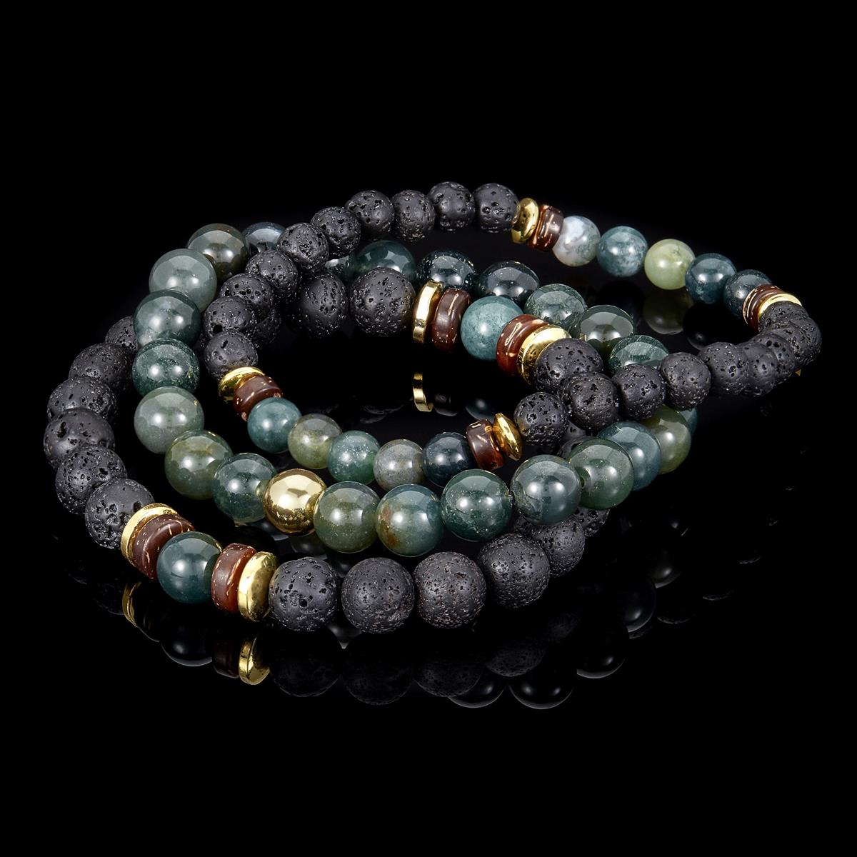 Set of 3 Bracelets - Moss Agate , Lava, Wood and Gold Hematite Bead Stretch Bracelets