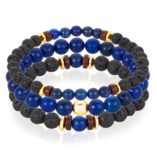 Set of 3 Bracelets - Lapis Lazuli , Lava, Wood and Gold Hematite Bead Stretch Bracelets