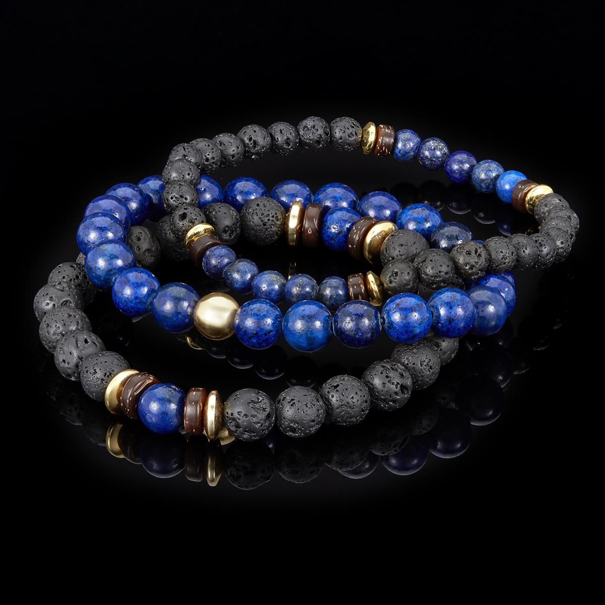 Set of 3 Bracelets - Lapis Lazuli , Lava, Wood and Gold Hematite Bead Stretch Bracelets