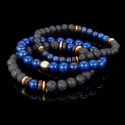 Set of 3 Bracelets - Lapis Lazuli , Lava, Wood and Gold Hematite Bead Stretch Bracelets