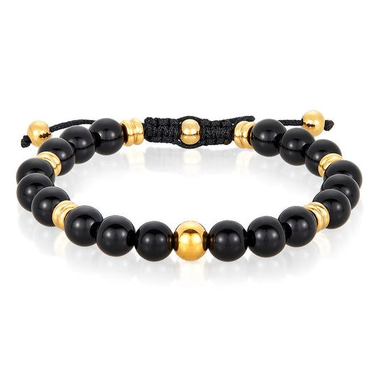 8mm Polished Black Onyx and Gold IP Stainless Steel Beads on Adjustable Cord Tie Bracelet