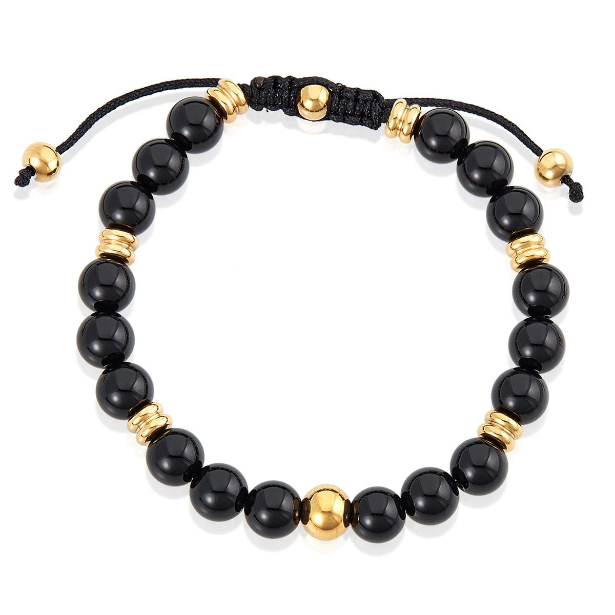 8mm Polished Black Onyx and Gold IP Stainless Steel Beads on Adjustable Cord Tie Bracelet