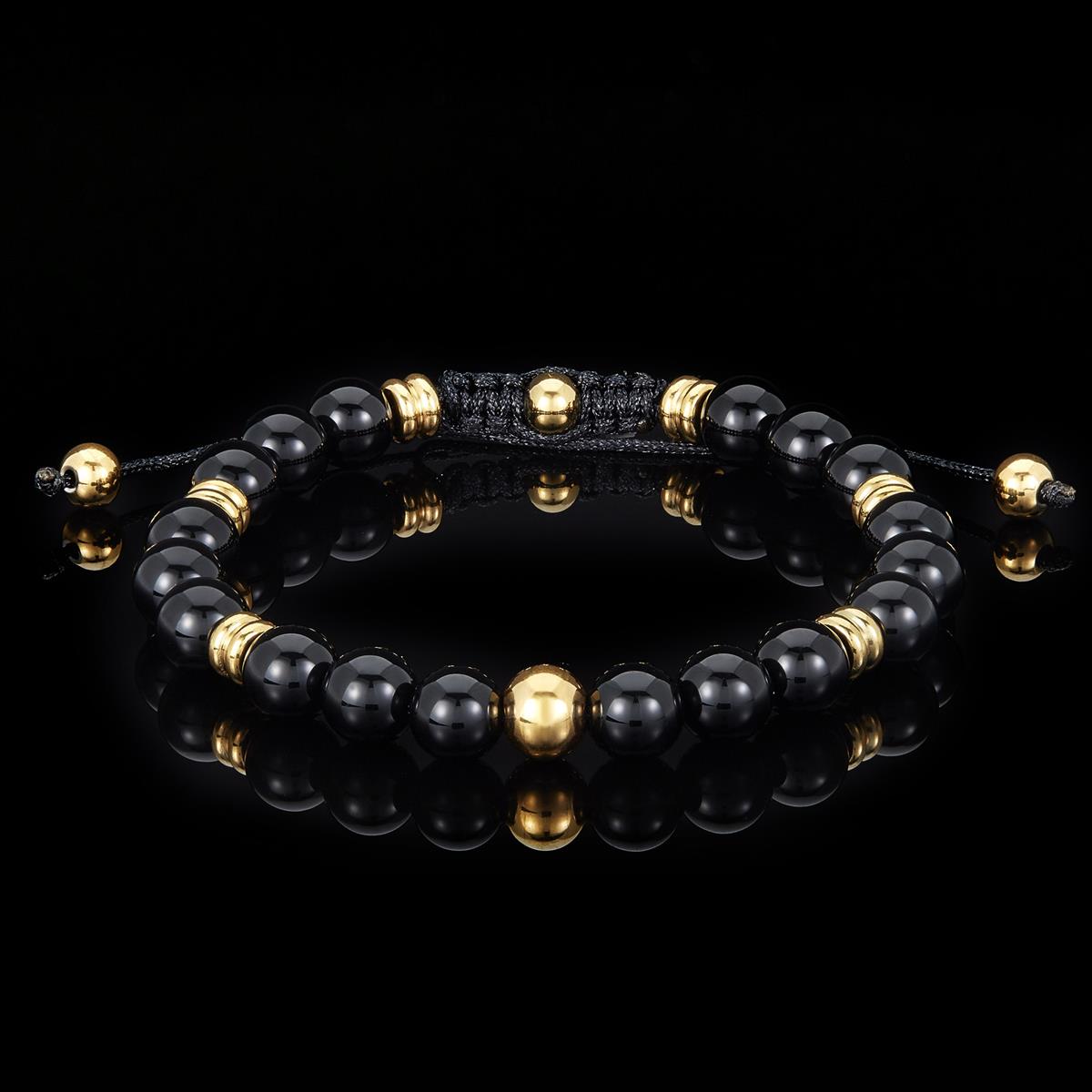 8mm Polished Black Onyx and Gold IP Stainless Steel Beads on Adjustable Cord Tie Bracelet