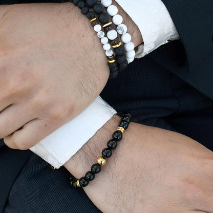 8mm Polished Black Onyx and Gold IP Stainless Steel Beads on Adjustable Cord Tie Bracelet