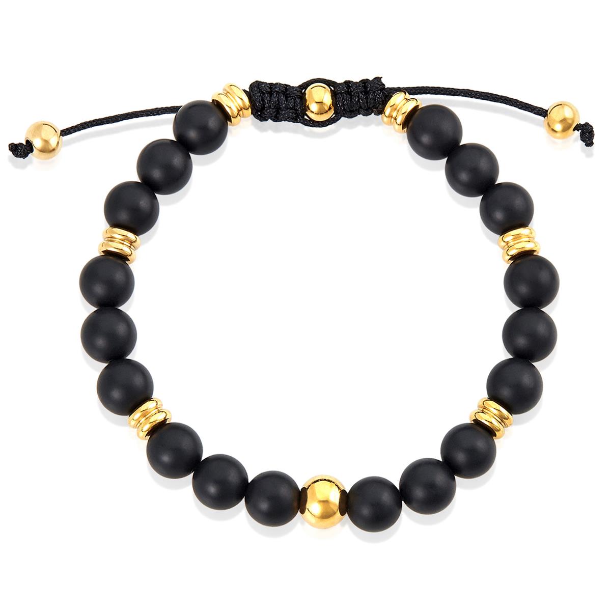 8mm Matte Black Agate and Gold IP Stainless Steel Beads on Adjustable Cord Tie Bracelet