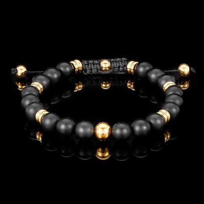 8mm Matte Black Agate and Gold IP Stainless Steel Beads on Adjustable Cord Tie Bracelet