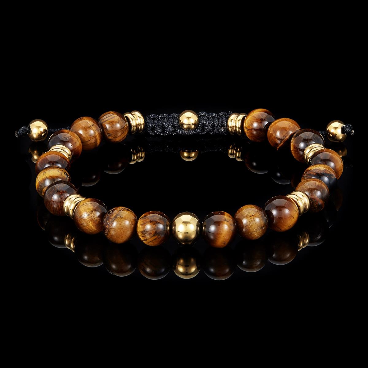 8mm Tiger Eye and Gold IP Stainless Steel Beads on Adjustable Cord Tie Bracelet