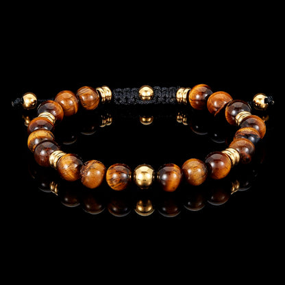 8mm Tiger Eye and Gold IP Stainless Steel Beads on Adjustable Cord Tie Bracelet