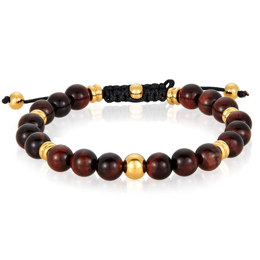 8mm Red Tiger Eye and Gold IP Stainless Steel Beads on Adjustable Cord Tie Bracelet