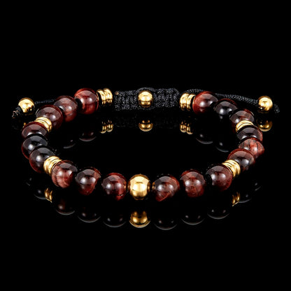 8mm Red Tiger Eye and Gold IP Stainless Steel Beads on Adjustable Cord Tie Bracelet