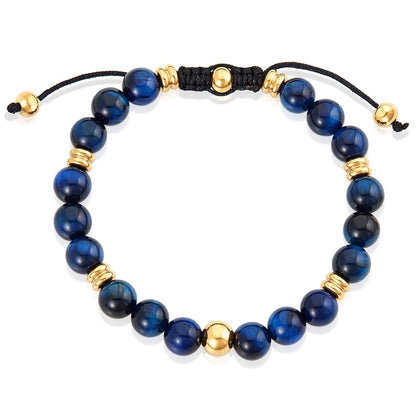 8mm Blue Tiger Eye and Gold IP Stainless Steel Beads on Adjustable Cord Tie Bracelet