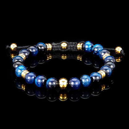 8mm Blue Tiger Eye and Gold IP Stainless Steel Beads on Adjustable Cord Tie Bracelet