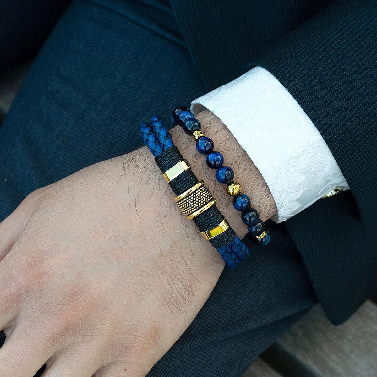 8mm Blue Tiger Eye and Gold IP Stainless Steel Beads on Adjustable Cord Tie Bracelet