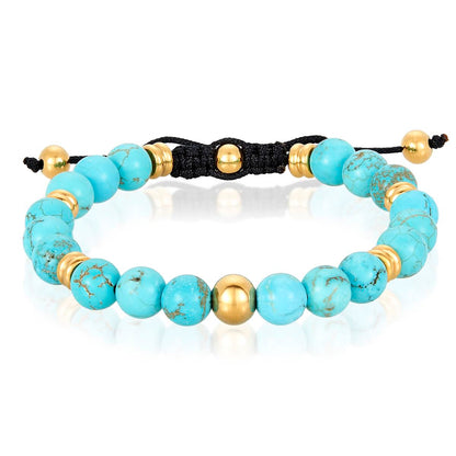 8mm Turquoise and Gold IP Stainless Steel Beads on Adjustable Cord Tie Bracelet