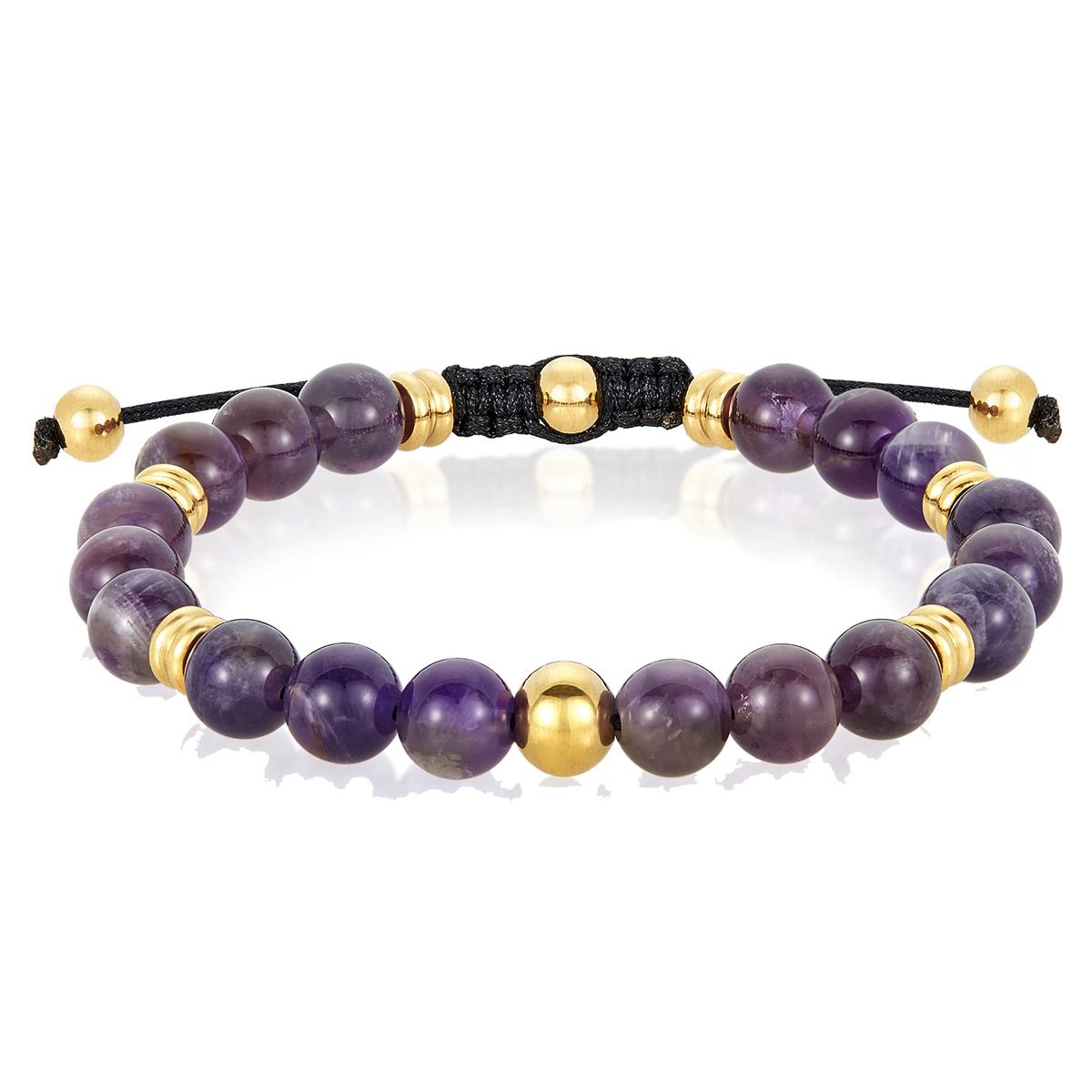 Crucible Jewelry 8mm Amethyst and Gold IP Stainless Steel Beads on Adjustable Cord Tie Bracelet