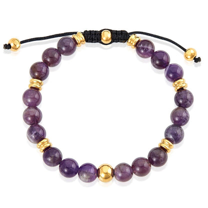 Crucible Jewelry 8mm Amethyst and Gold IP Stainless Steel Beads on Adjustable Cord Tie Bracelet