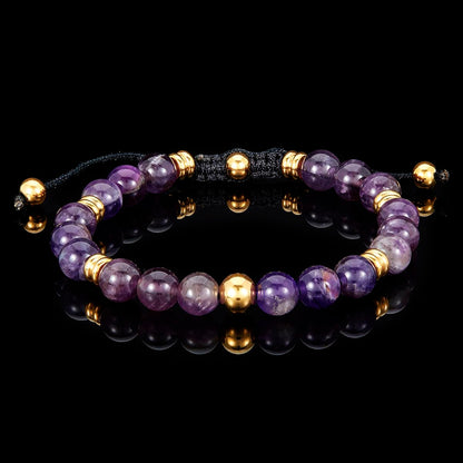 Crucible Jewelry 8mm Amethyst and Gold IP Stainless Steel Beads on Adjustable Cord Tie Bracelet