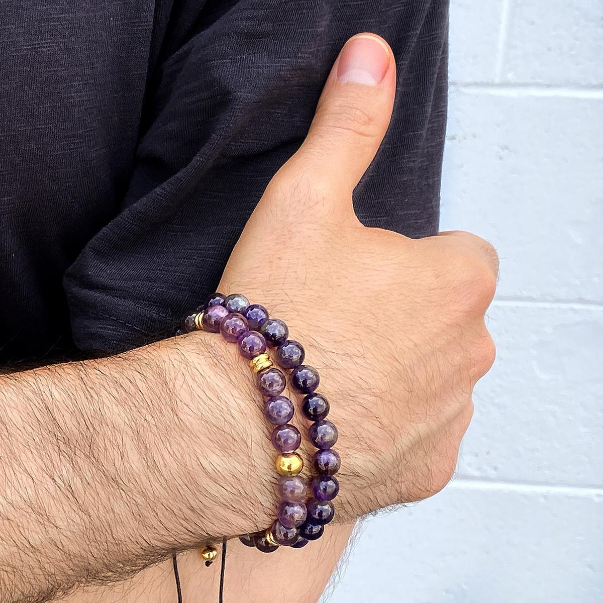 Crucible Jewelry 8mm Amethyst and Gold IP Stainless Steel Beads on Adjustable Cord Tie Bracelet