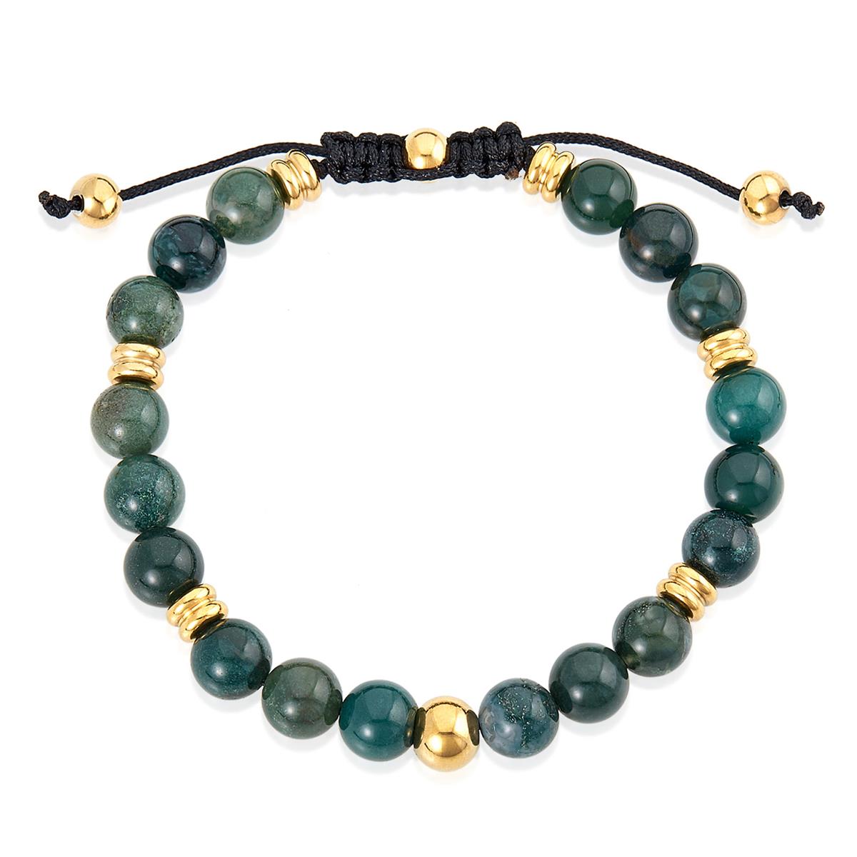 8mm Moss Agate and Gold IP Stainless Steel Beads on Adjustable Cord Tie Bracelet