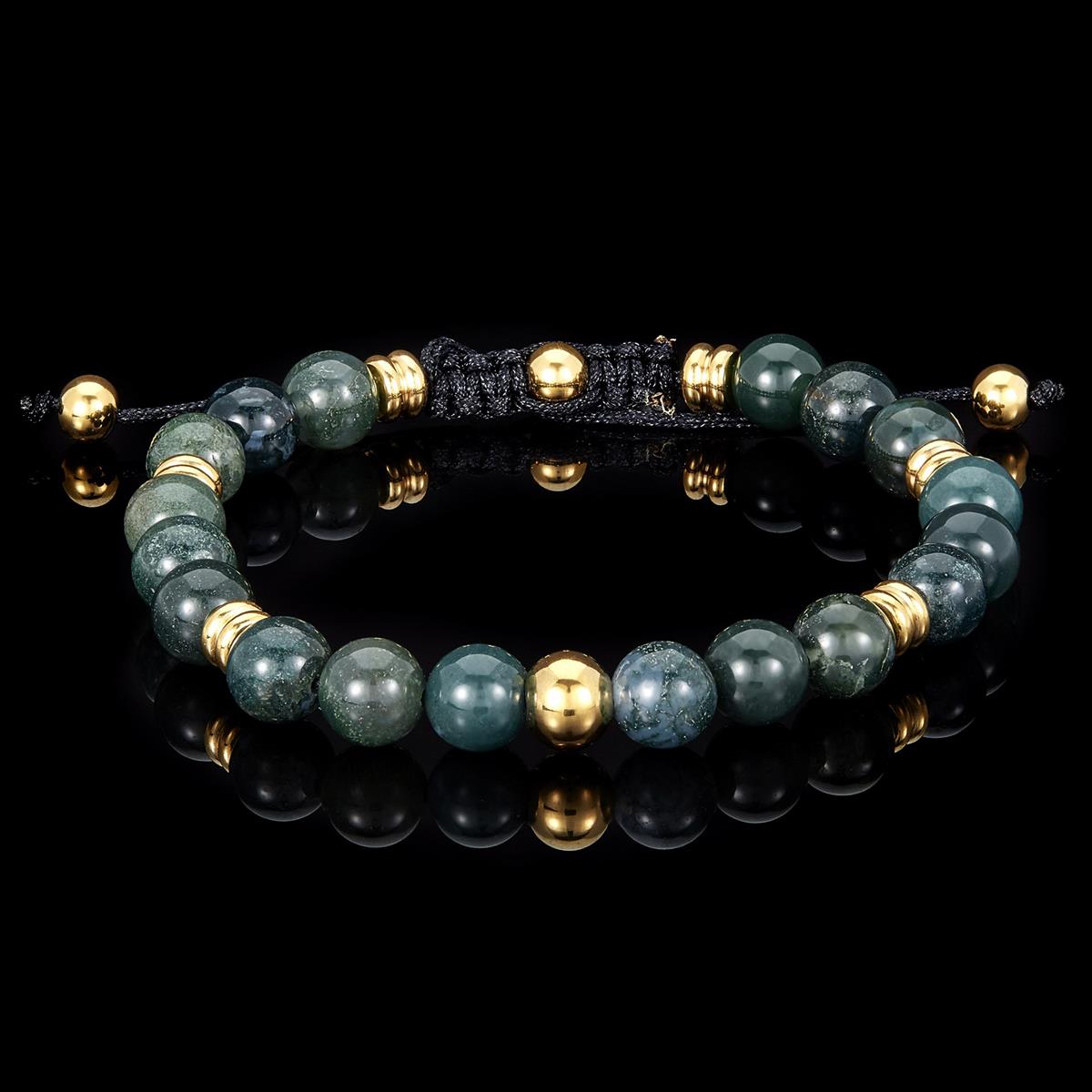 8mm Moss Agate and Gold IP Stainless Steel Beads on Adjustable Cord Tie Bracelet