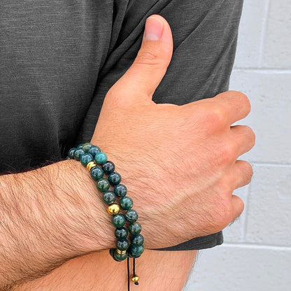 8mm Moss Agate and Gold IP Stainless Steel Beads on Adjustable Cord Tie Bracelet