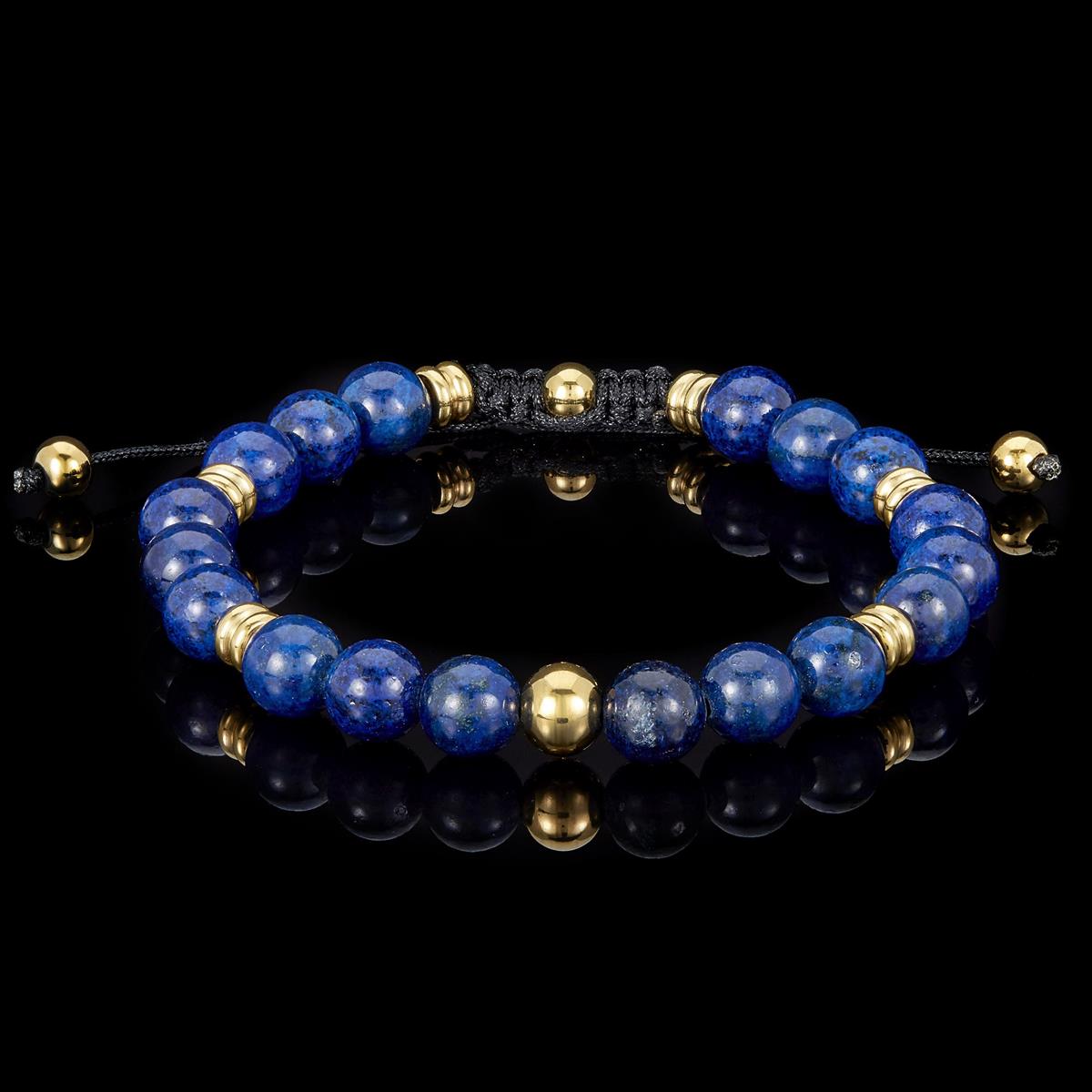 8mm Lapis Lazuli and Gold IP Stainless Steel Beads on Adjustable Cord Tie Bracelet