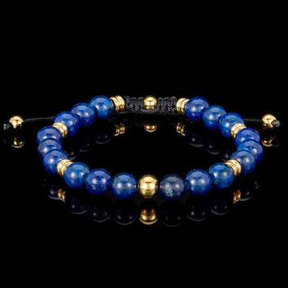 8mm Lapis Lazuli and Gold IP Stainless Steel Beads on Adjustable Cord Tie Bracelet