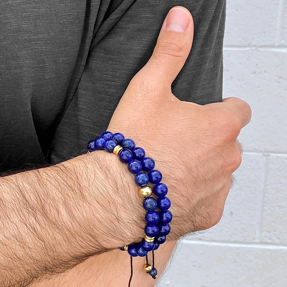 8mm Lapis Lazuli and Gold IP Stainless Steel Beads on Adjustable Cord Tie Bracelet