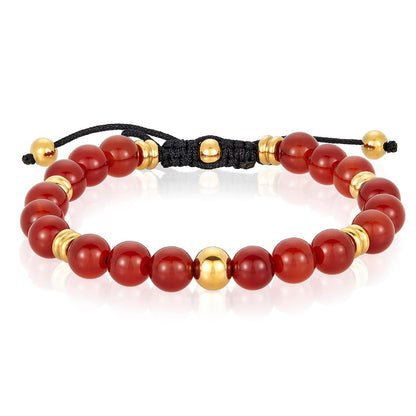 8mm Red Agate and Gold IP Stainless Steel Beads on Adjustable Cord Tie Bracelet