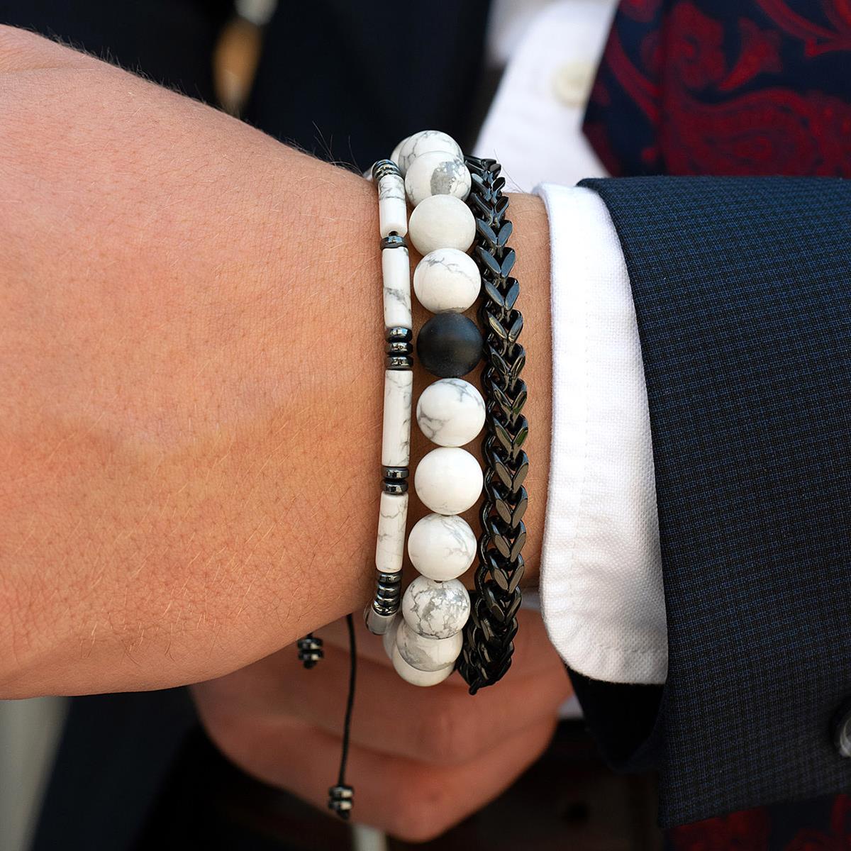 Hematite and Howlite Tube Stone Hematite Bead Adjustable Cord Tie Bracelet