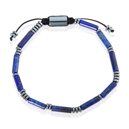 Hematite and Lapis Lazuli Tube Stone Hematite Bead Adjustable Cord Tie Bracelet