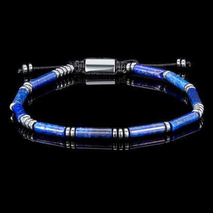 Hematite and Lapis Lazuli Tube Stone Hematite Bead Adjustable Cord Tie Bracelet