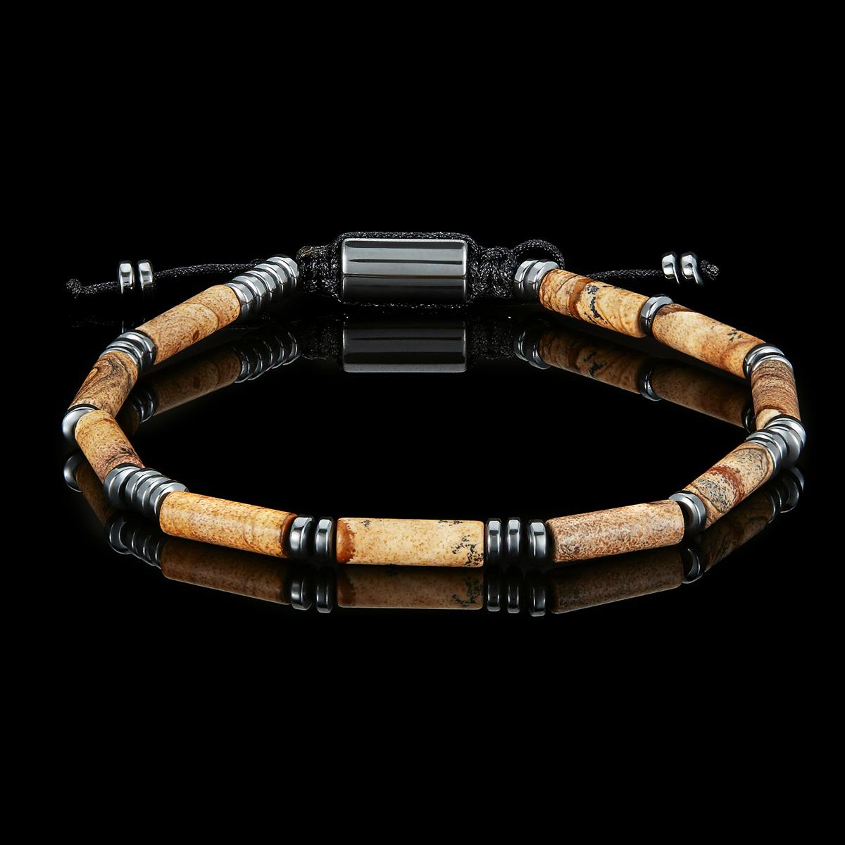 Hematite and Picture Jasper Tube Stone Hematite Bead Adjustable Cord Tie Bracelet