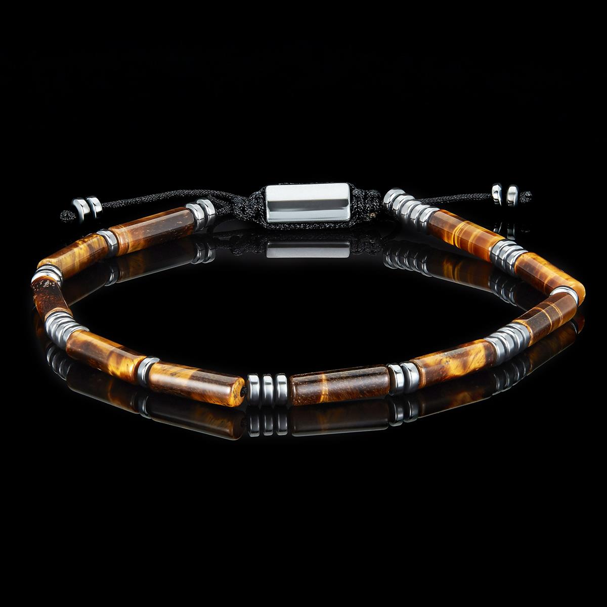 Hematite and Tiger Eye Tube Stone Hematite Bead Adjustable Cord Tie Bracelet