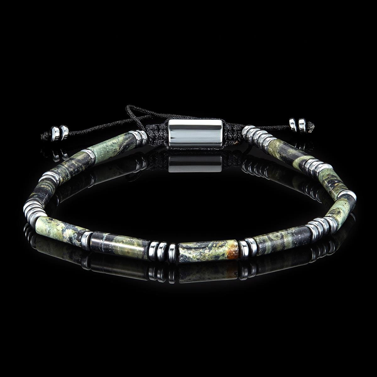 Hematite and Rainforest Jasper Tube Stone Hematite Bead Adjustable Cord Tie Bracelet