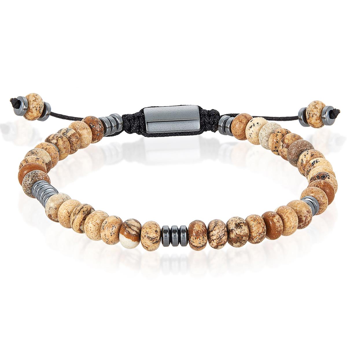 Picture Jasper Rondelle Beads with Hematite Disc Beads on Adjustable Cord Tie Bracelet