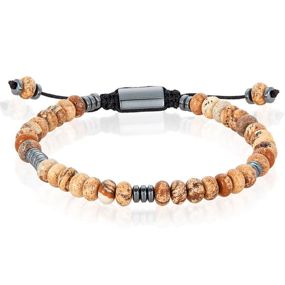 Picture Jasper Rondelle Beads with Hematite Disc Beads on Adjustable Cord Tie Bracelet