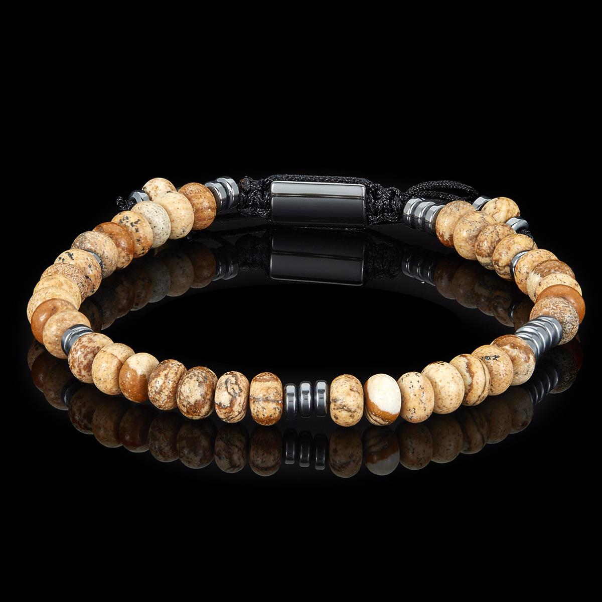 Picture Jasper Rondelle Beads with Hematite Disc Beads on Adjustable Cord Tie Bracelet