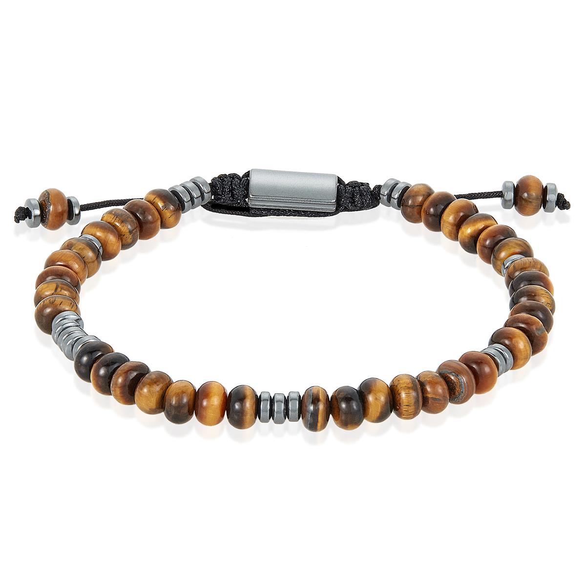 Tiger Eye Rondelle Beads with Hematite Disc Beads on Adjustable Cord Tie Bracelet