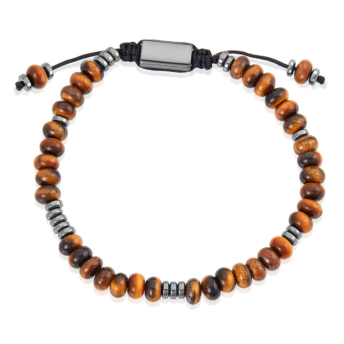 Tiger Eye Rondelle Beads with Hematite Disc Beads on Adjustable Cord Tie Bracelet