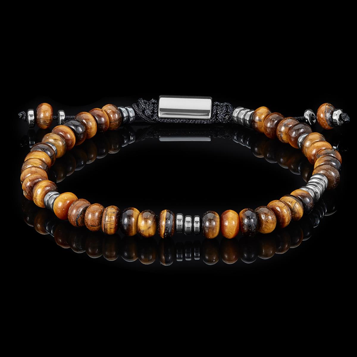 Tiger Eye Rondelle Beads with Hematite Disc Beads on Adjustable Cord Tie Bracelet