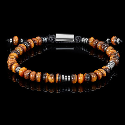 Tiger Eye Rondelle Beads with Hematite Disc Beads on Adjustable Cord Tie Bracelet