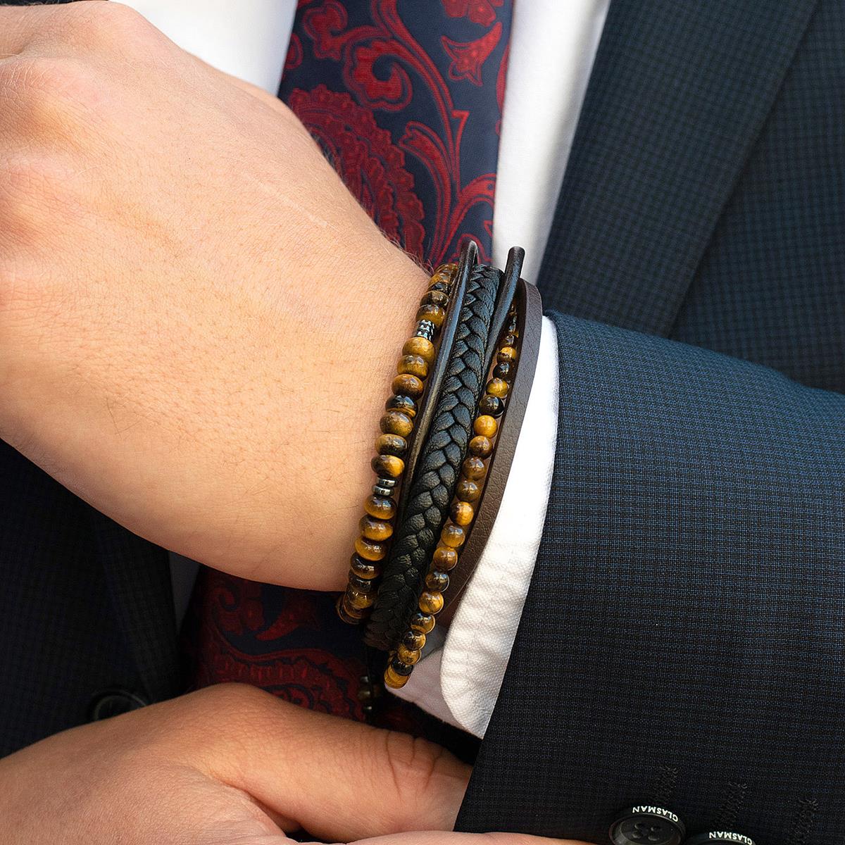 Tiger Eye Rondelle Beads with Hematite Disc Beads on Adjustable Cord Tie Bracelet