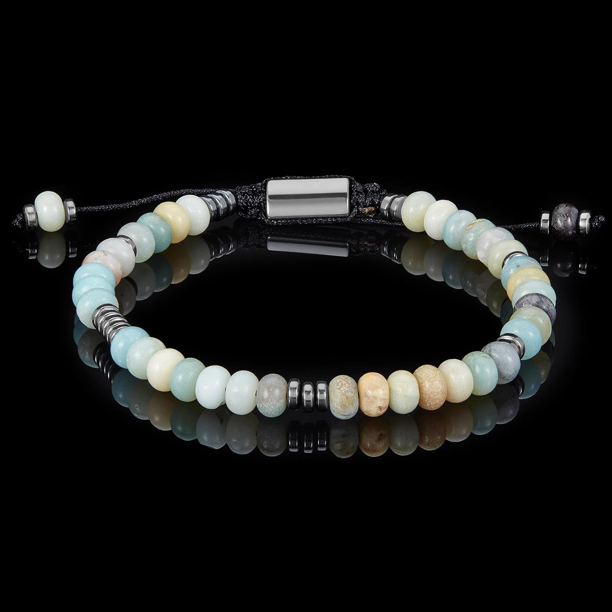 Amazonite Rondelle Beads with Hematite Disc Beads on Adjustable Cord Tie Bracelet