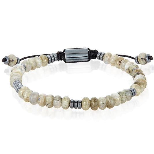 Labradorite Rondelle Beads with Hematite Disc Beads on Adjustable Cord Tie Bracelet