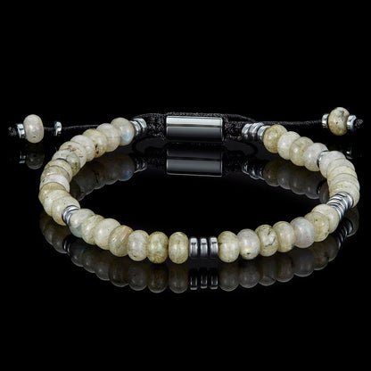 Labradorite Rondelle Beads with Hematite Disc Beads on Adjustable Cord Tie Bracelet