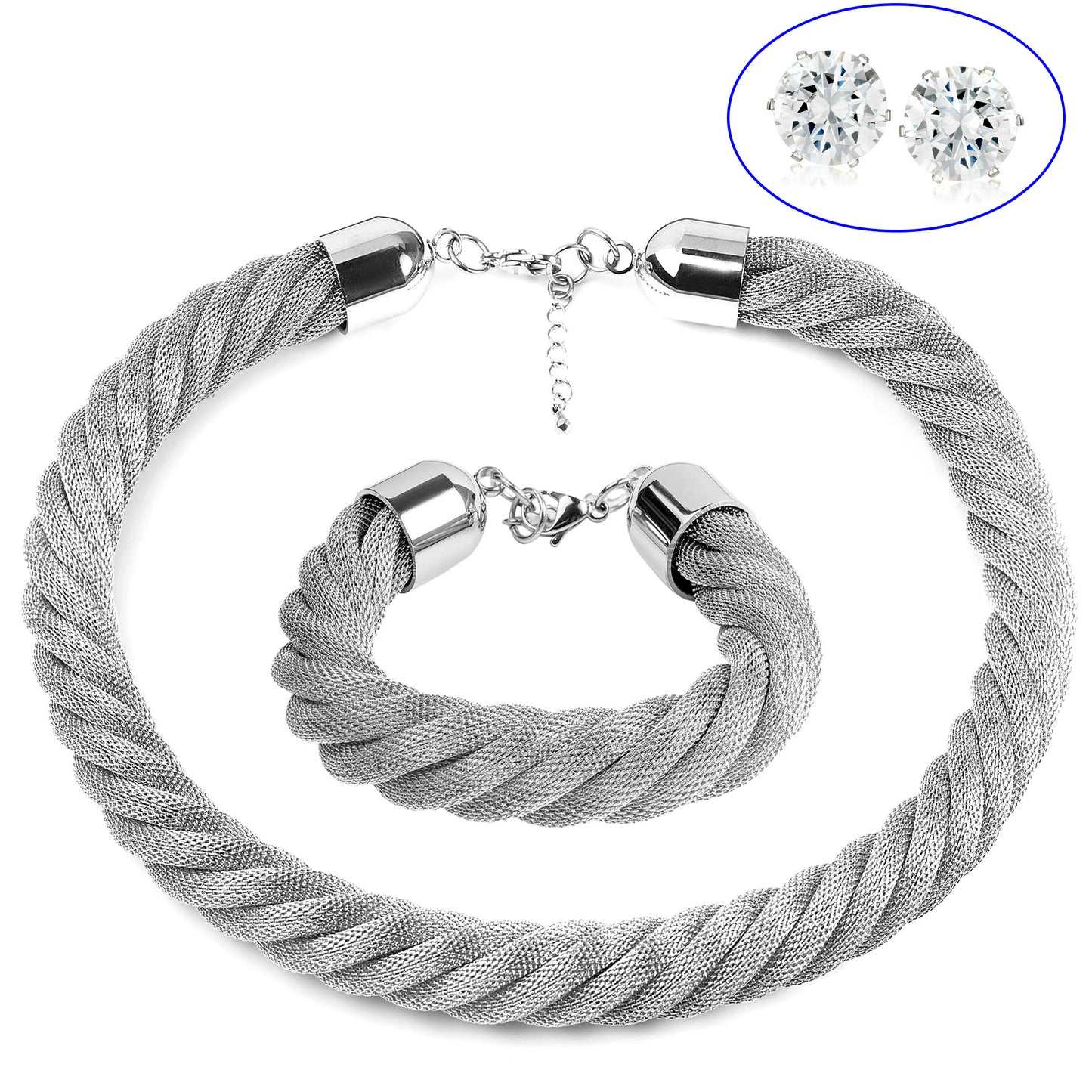 Women's Twisted Mesh Bracelet 7.5" and Necklace 18" Steel Set