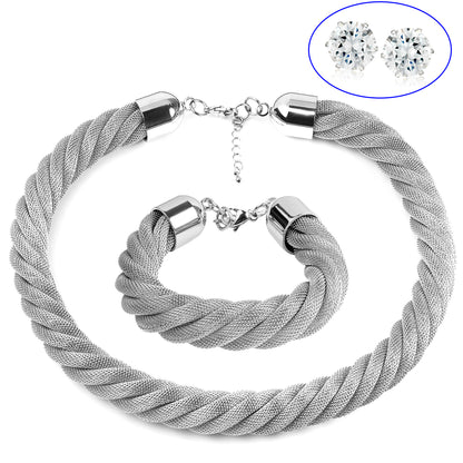 Women's Twisted Mesh Bracelet 7.5" and Necklace 18" Steel Set
