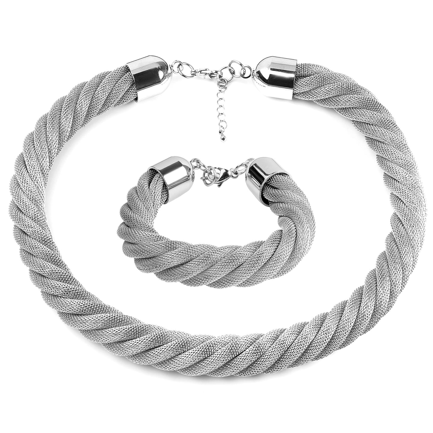 Women's Stainless Steel Twisted Mesh Bracelet 7.5 " and Necklace 24" Set